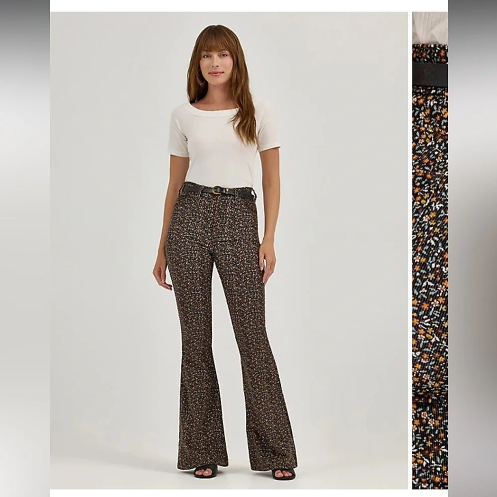 WOMEN'S HIGH RISE FLORAL PRINT CORDUROY FLARE JEAN - Picture 7 of 8